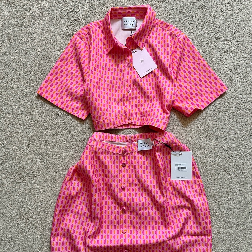Hello Molly Pink Palm Springs Preppy Summer Cropped Skirt Set top M skirt L